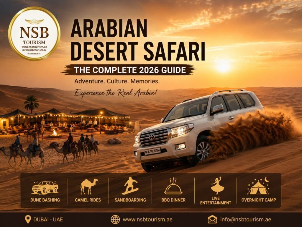 Arabian desert safari featuring luxury 4x4 dune bashing, camel rides, traditional Bedouin camp, BBQ dinner, live entertainment, and sunset views in the Dubai desert.