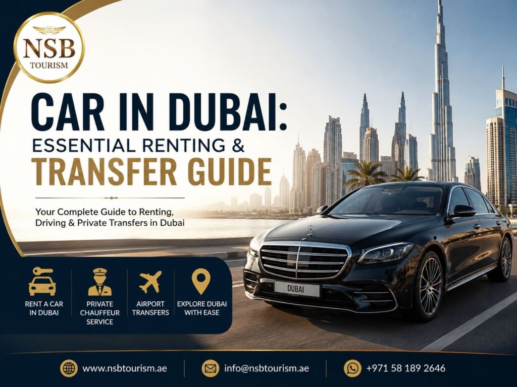 Car in Dubai guide showing a luxury car, professional chauffeur, and Dubai skyline for renting and private transfer services in 2026