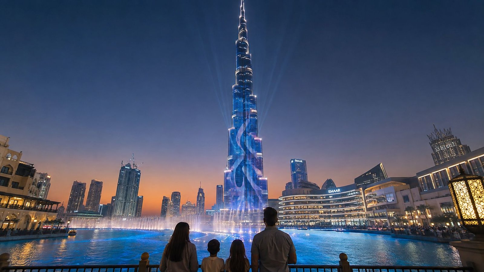 A family of four watching the illuminated Burj Khalifa and fountain show in Dubai at sunset.