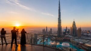 Best time to visit Burj Khalifa with panoramic views from the observation deck during sunset, overlooking the Dubai skyline, Dubai Fountain, and Downtown Dubai in 2026.