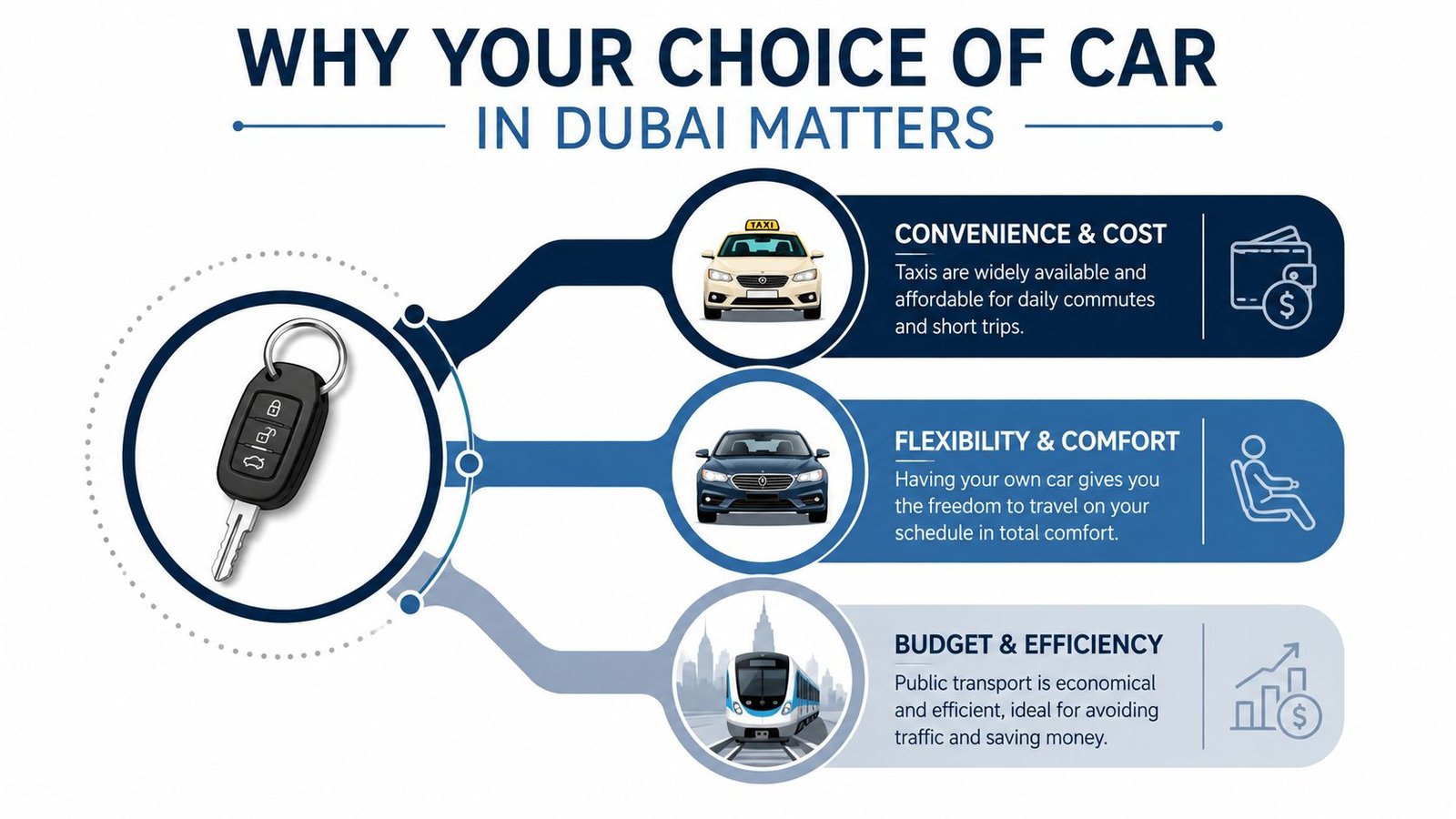 An infographic showing transport options in Dubai comparing taxis, private cars, and public transit for commuters.