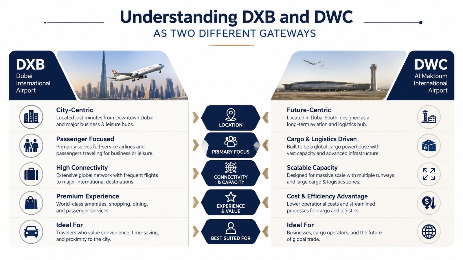 A comparison chart showing the differences between Dubai International Airport DXB and Al Maktoum International Airport DWC.