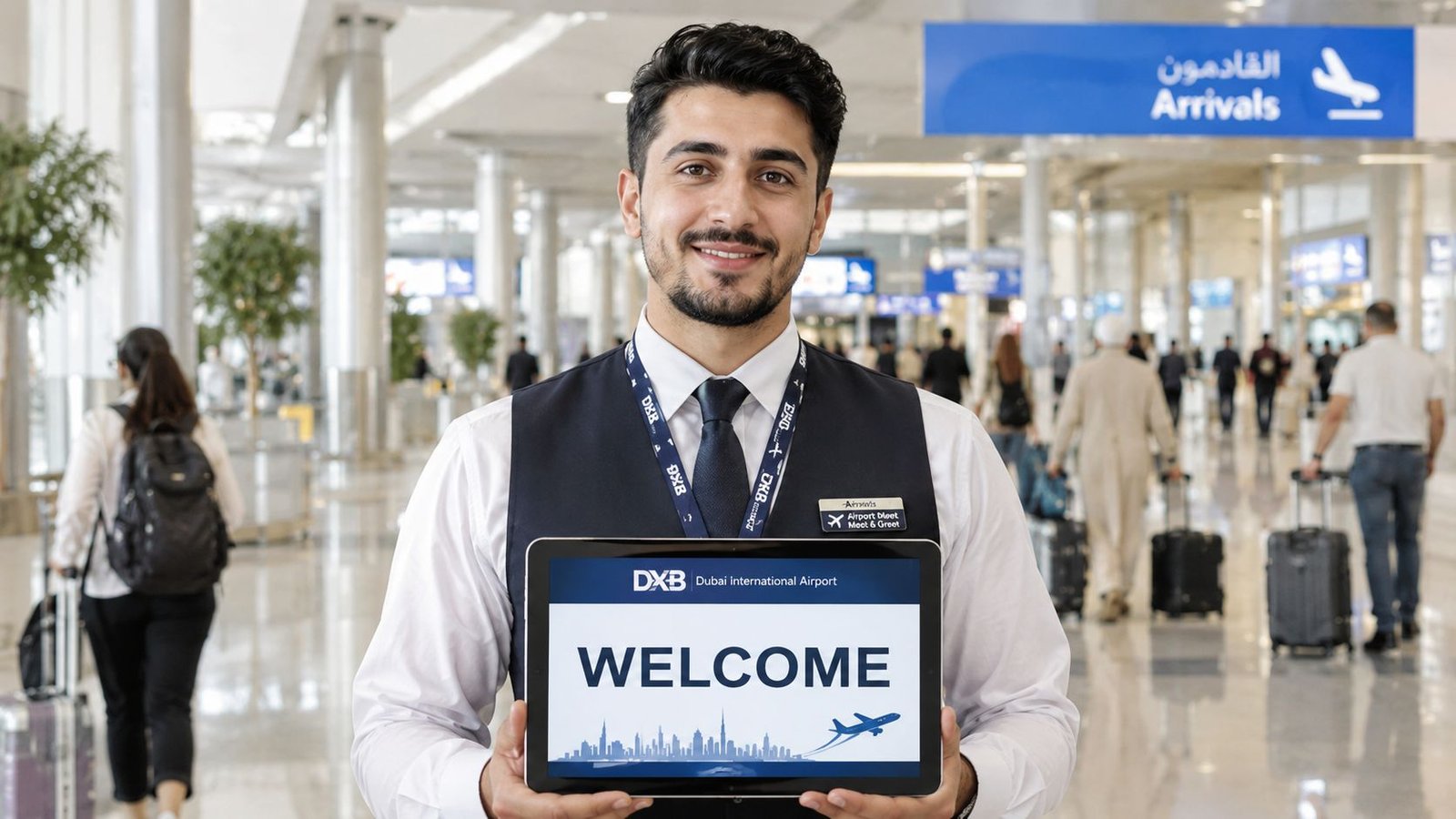 A smiling male airport employee holds a digital tablet with a welcome sign at Dubai International Airport.
