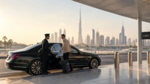Dubai transfer airport service featuring a professional chauffeur welcoming travelers at Dubai International Airport with luxury luggage assistance and a premium airport transfer vehicle in 2026.