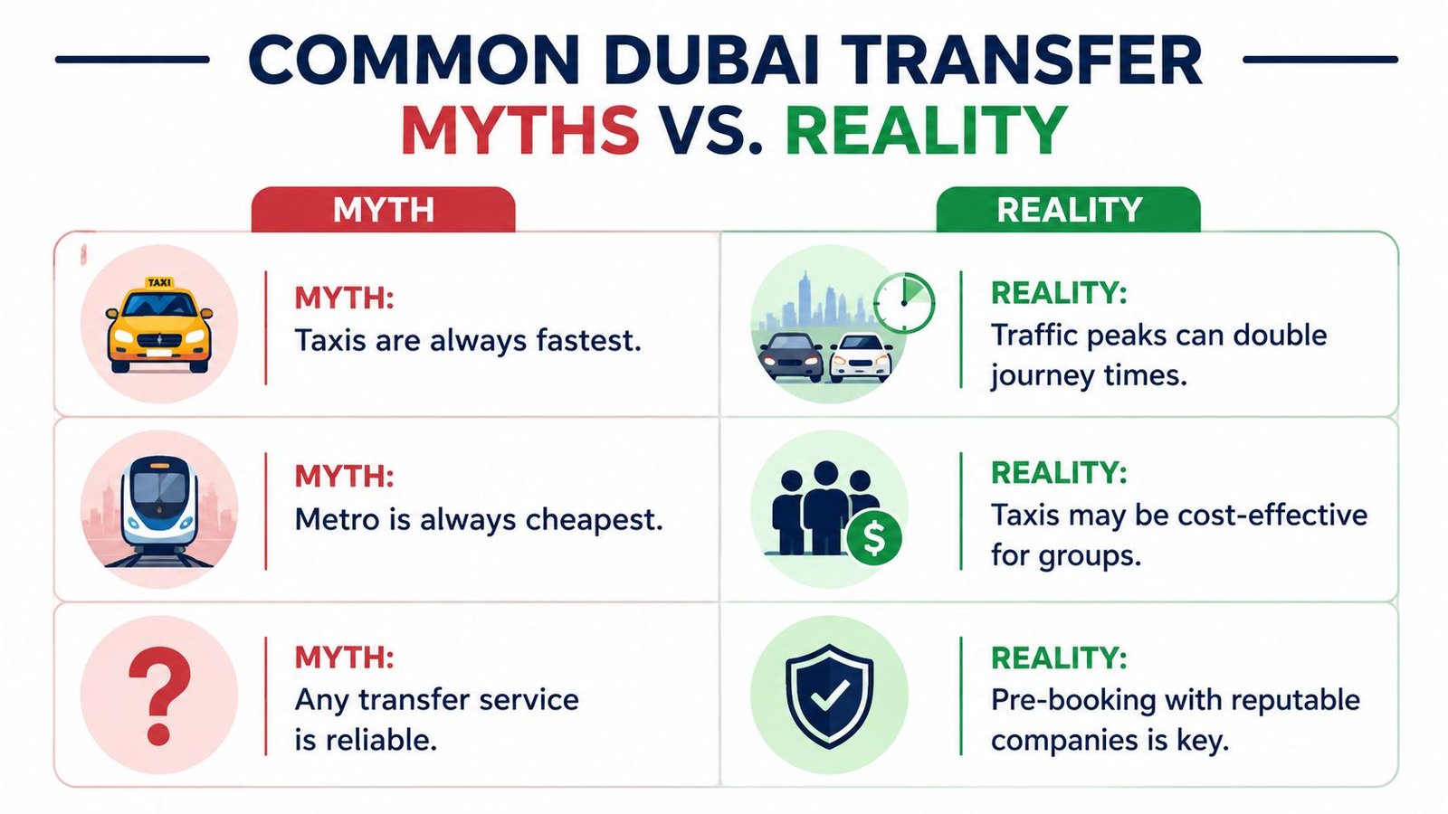 A comparison infographic showing common myths and realities regarding transportation services in Dubai, UAE.