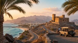 Fujairah city tour featuring Fujairah Fort, Al Bidya Mosque, Snoopy Island, mountain landscapes, beautiful beaches, and scenic coastal views during a guided 2026 UAE sightseeing tour.