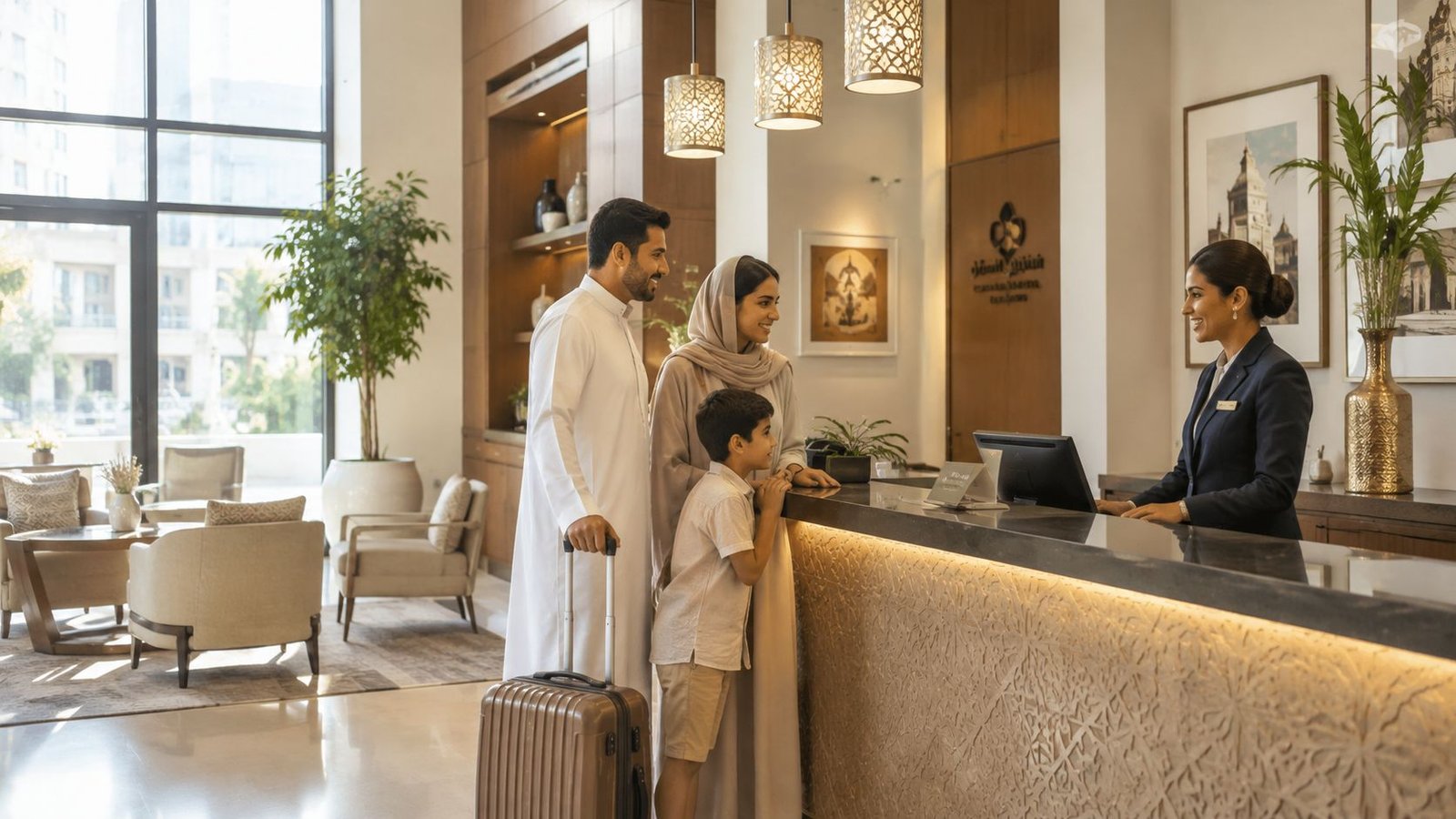 A family of three checking in at a modern hotel reception desk in the UAE.
