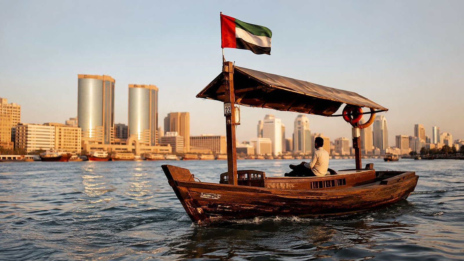 A person sitting on a traditional wooden abra boat sailing across the Dubai Creek at sunset.
