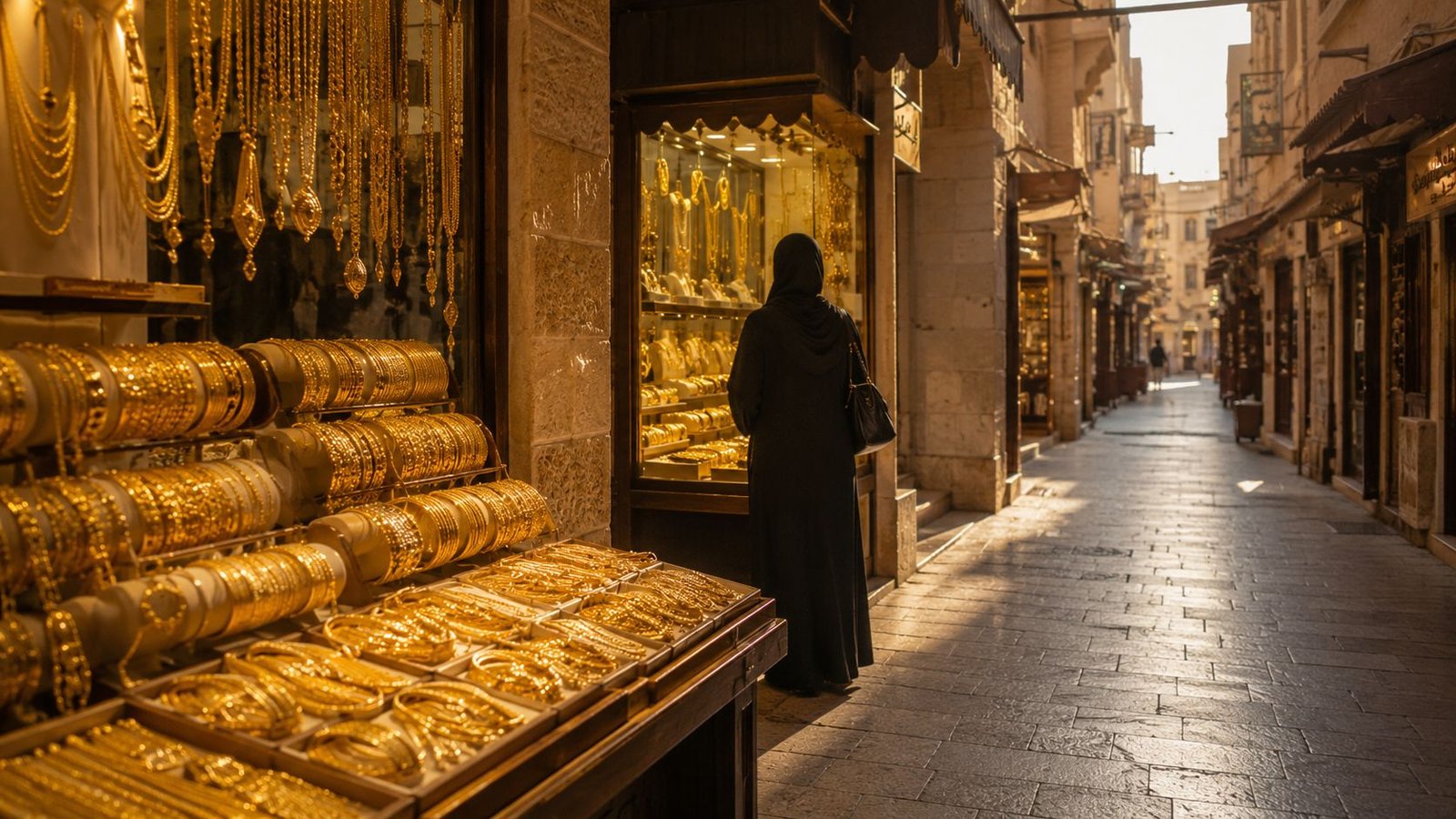 A woman in a black abaya admiring gold jewelry in a traditional Middle Eastern market shop window.