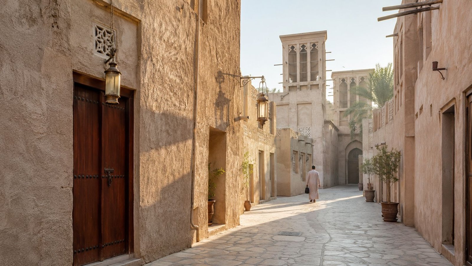 A person walks through a historic narrow alleyway with traditional architecture and wind towers in Dubai.