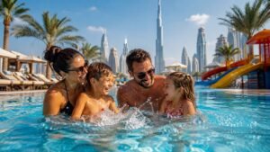 Kid-friendly hotels Dubai guide featuring a family enjoying a luxury Dubai resort with children’s pool, waterpark, kids’ activities, and family-friendly hotel facilities.
