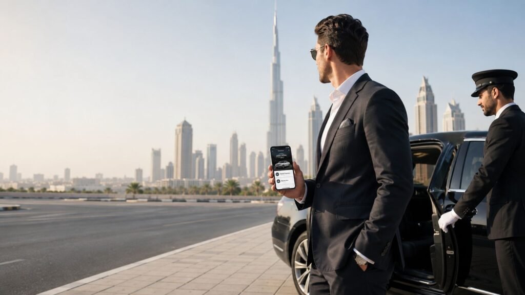 Limousine service Dubai featuring a luxury chauffeur-driven limousine outside the Burj Khalifa with a professional driver providing premium airport transfer, corporate travel, and VIP transportation in Dubai.