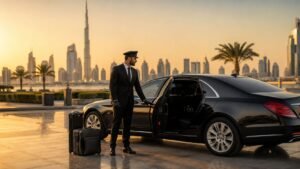 Limousine service Dubai featuring a luxury chauffeur-driven limousine outside the Burj Khalifa with a professional driver providing premium airport transfer, corporate travel, and VIP transportation in Dubai.
