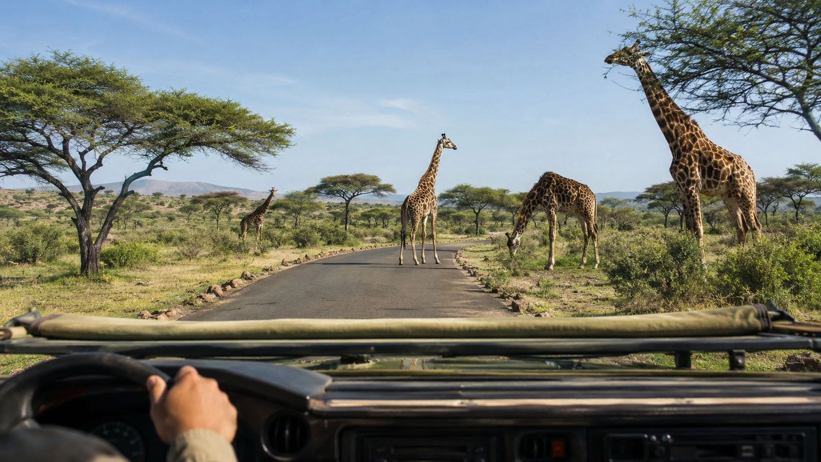 A view from inside a safari vehicle featuring giraffes standing on and near a paved road