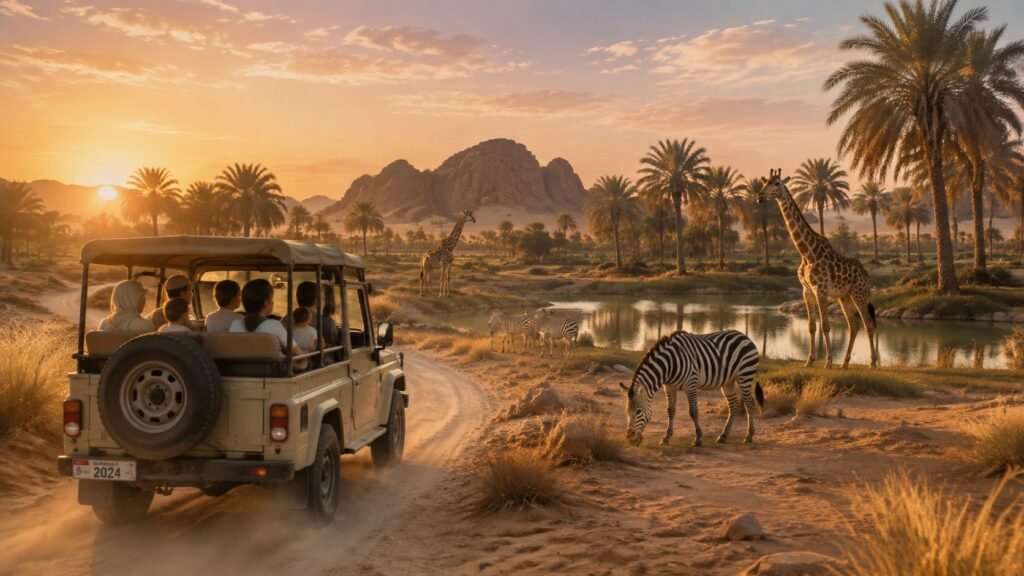 Sharjah Safari Park featuring African wildlife, safari vehicles, natural landscapes, and family visitors exploring the wildlife attraction in Sharjah, UAE.
