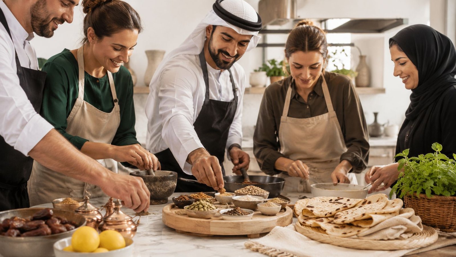A diverse group of people cooking and preparing spices together during a fun team building workshop.