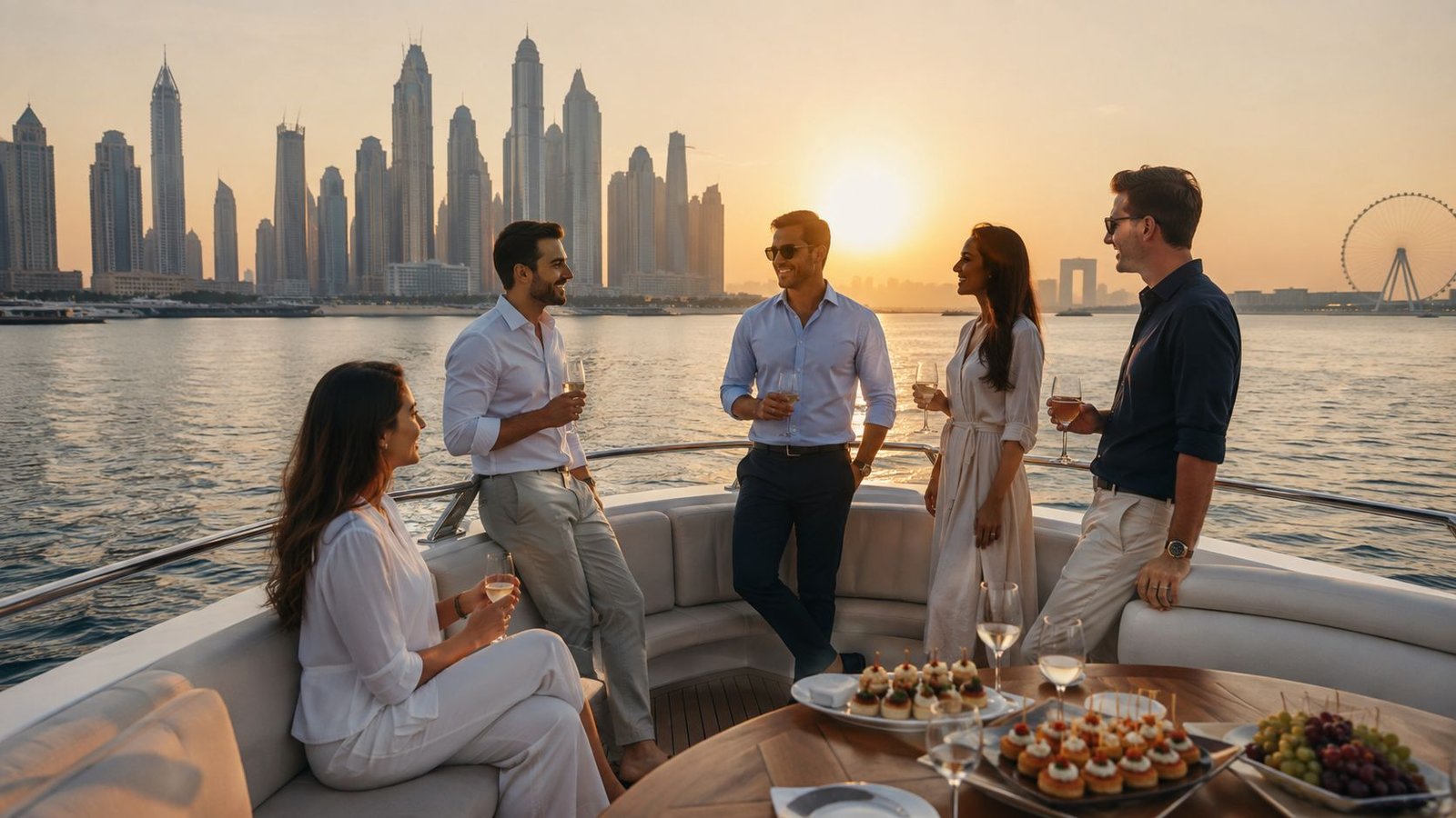 A group of elegant friends enjoying wine and appetizers on a private yacht during a sunset cruise in Dubai.