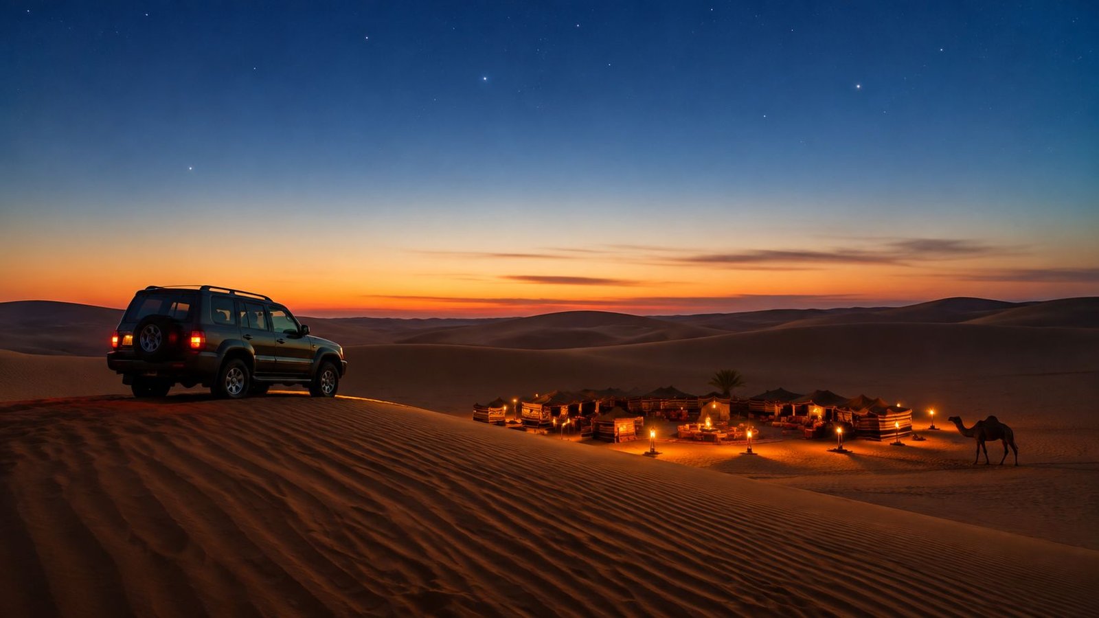 A 4x4 SUV parked on a sand dune overlooking a desert camp at sunset with a camel.