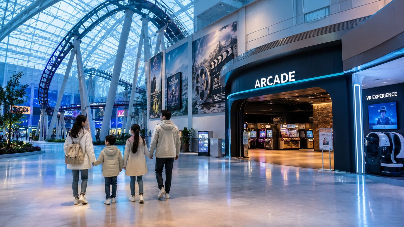 A family of four walking hand in hand towards an indoor arcade at a mall in Dubai.