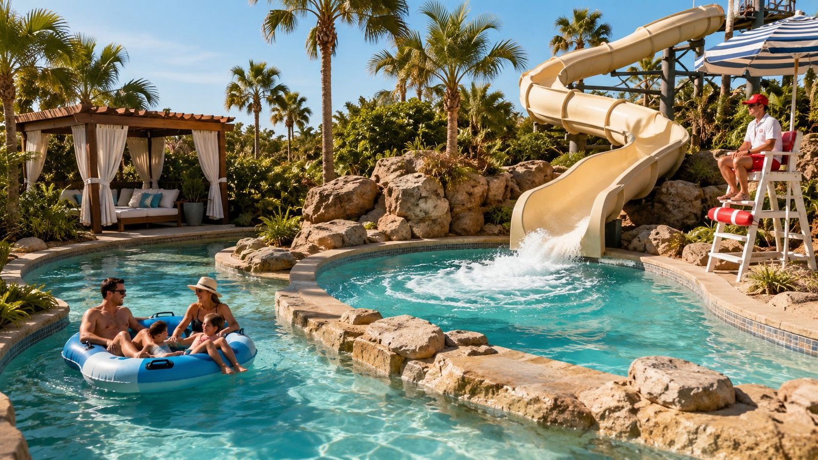 A family enjoys a relaxing ride in a blue inflatable tube on a sunny lazy river ride.
