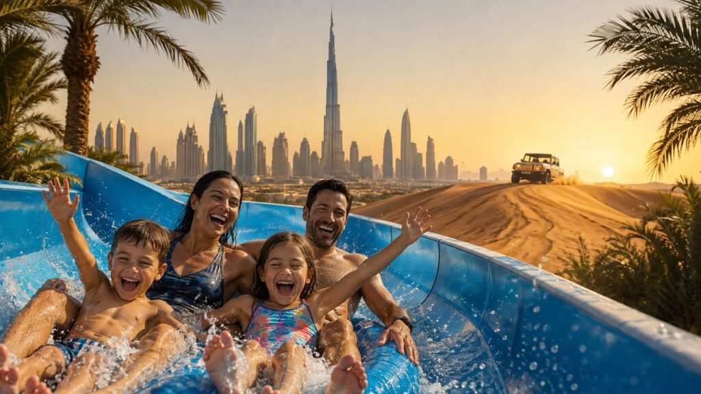 Kid-friendly hotels Dubai guide featuring a family enjoying a luxury Dubai resort with children’s pool, waterpark, kids’ activities, and family-friendly hotel facilities.