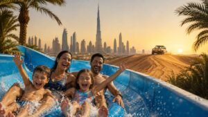 Kid-friendly hotels Dubai guide featuring a family enjoying a luxury Dubai resort with children’s pool, waterpark, kids’ activities, and family-friendly hotel facilities.