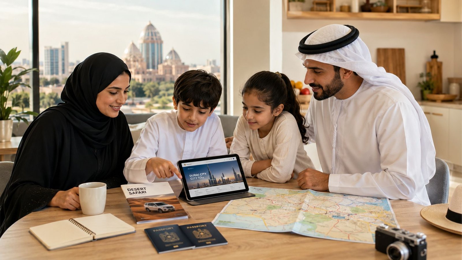 An Emirati family planning their vacation using a tablet and map while sitting at a dining table.