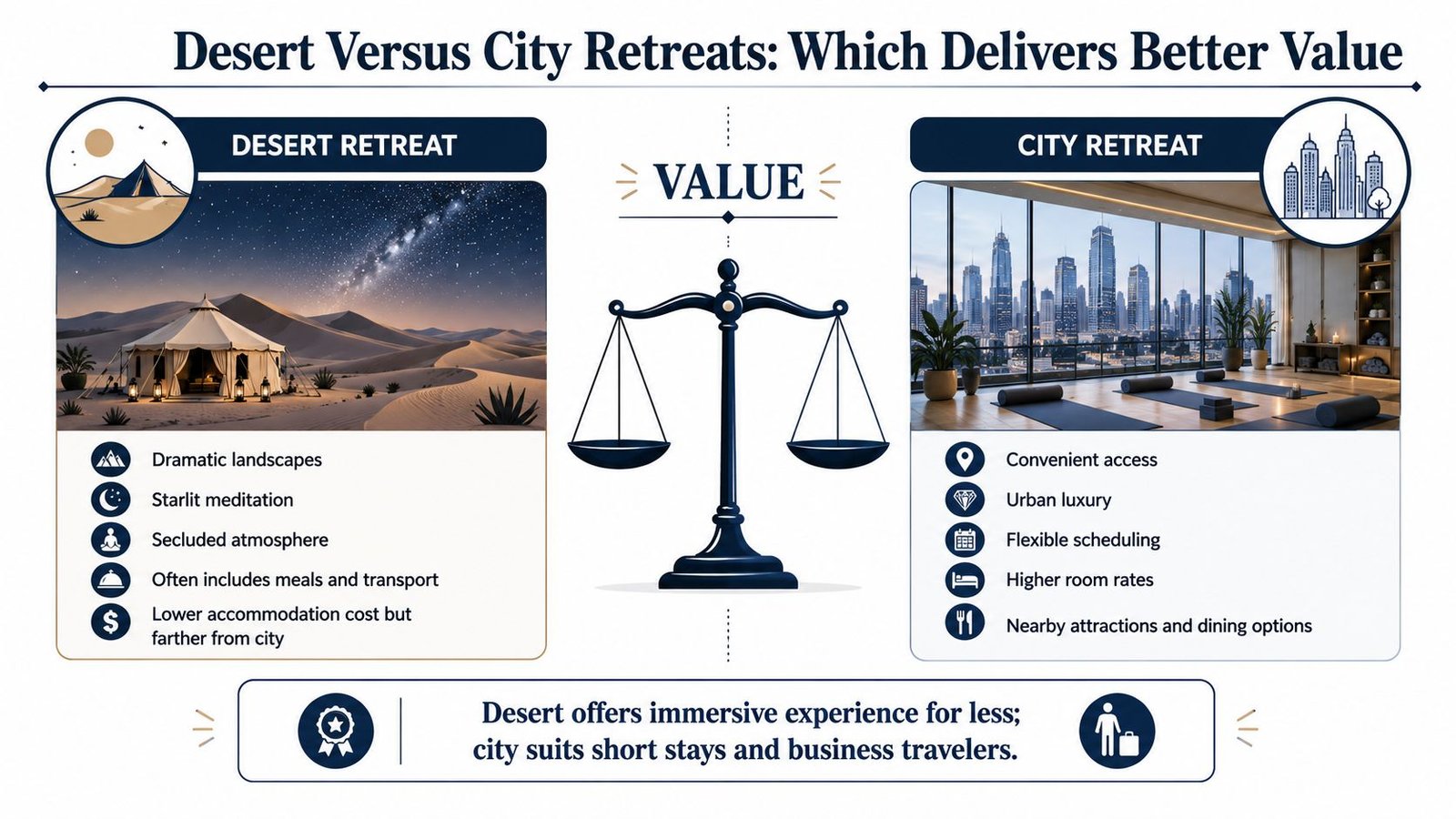 A comparison infographic between desert retreats and city retreats, weighing their respective benefits and travel value.