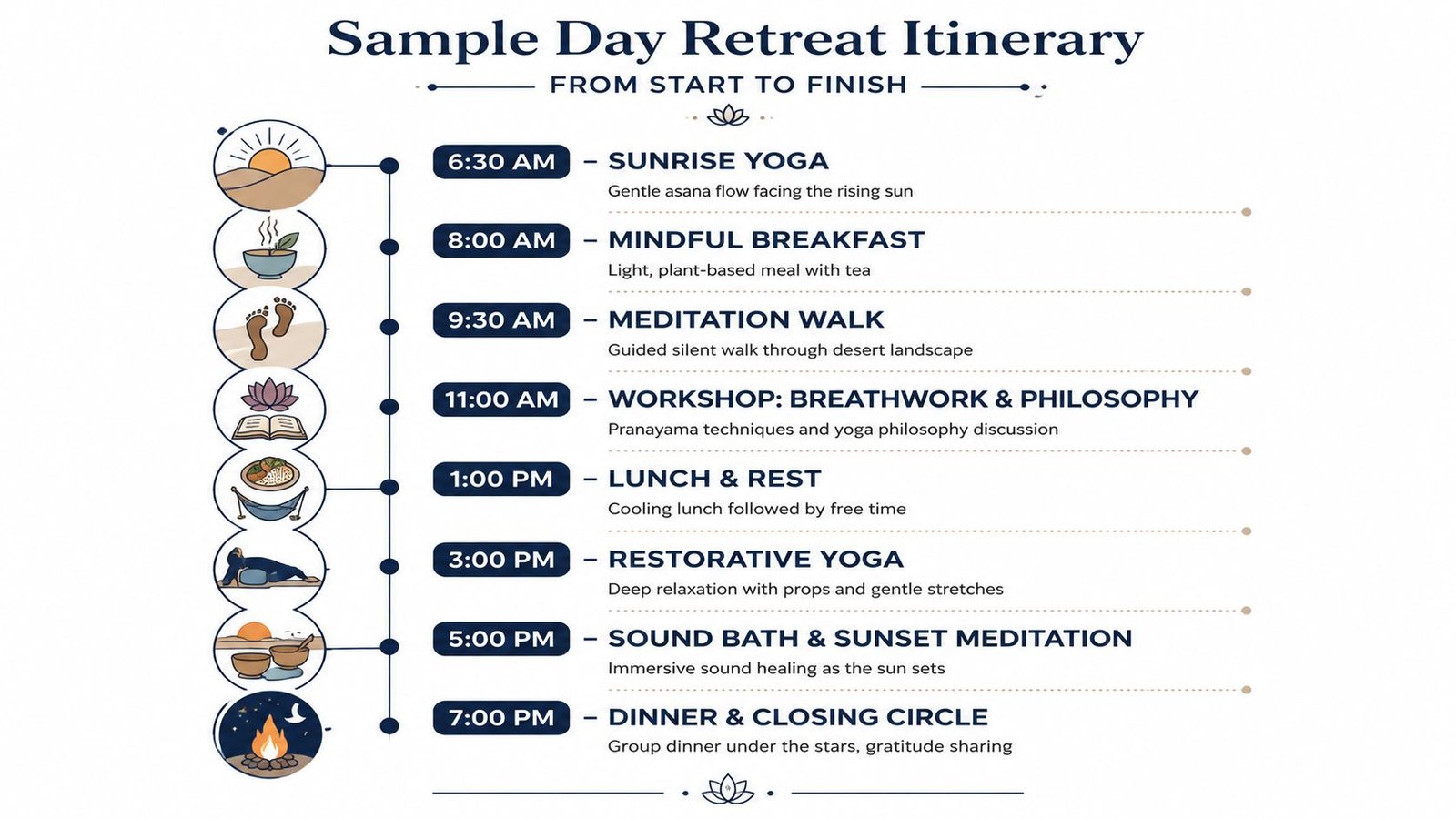 A schedule for a yoga retreat with daily activities like meditation, workshops, and meals.