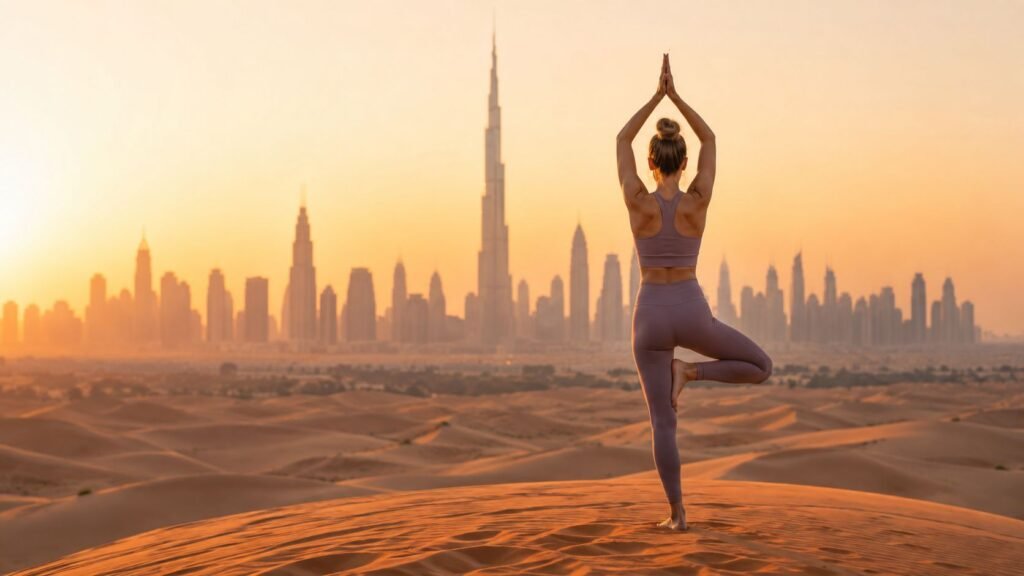 Yoga retreat Dubai experience featuring peaceful outdoor yoga, meditation, luxury wellness facilities, spa treatments, and relaxing Dubai scenery for a 2026 wellness retreat.