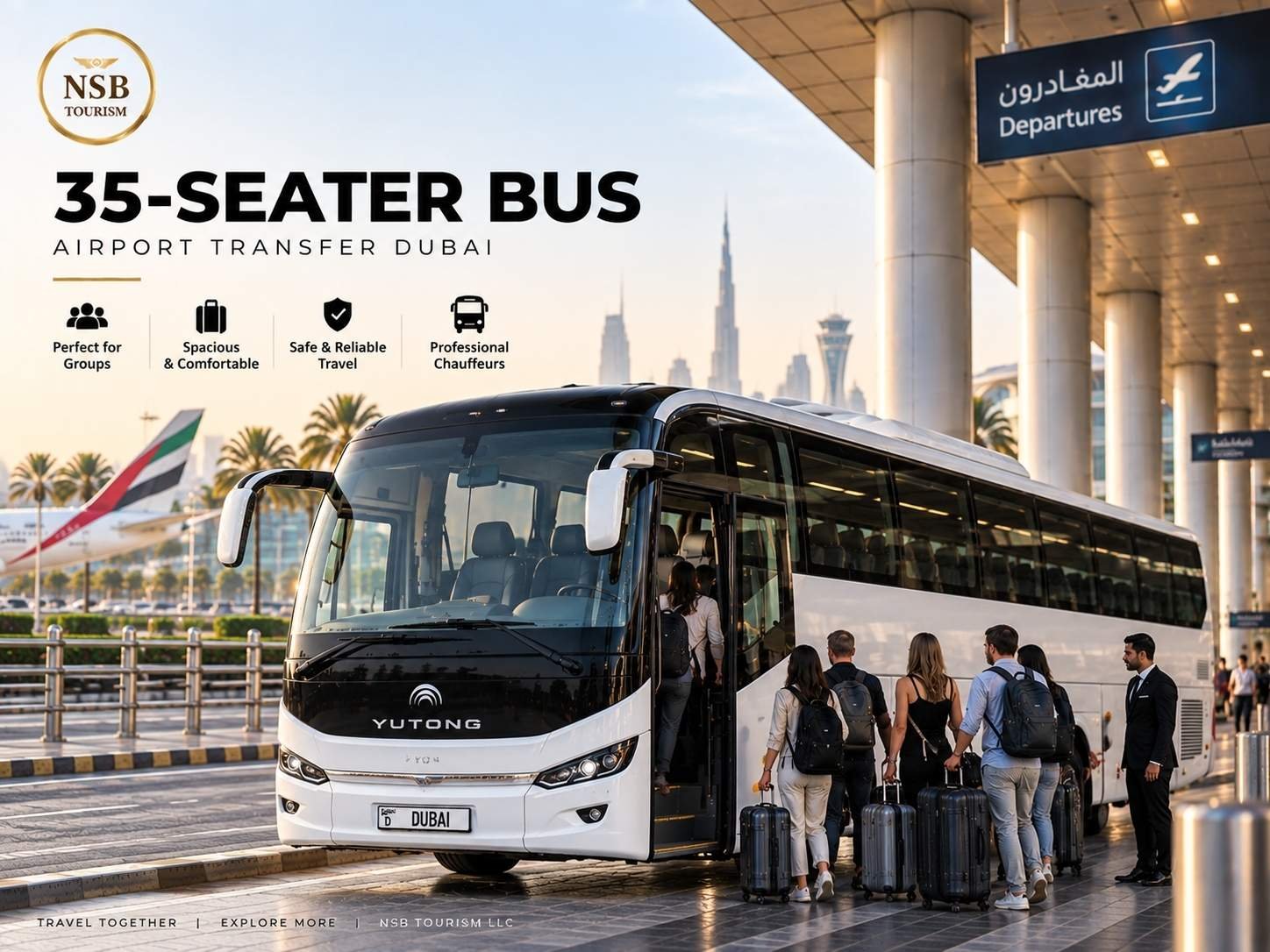 35-seater luxury bus airport transfer in Dubai with group passengers and luggage boarding at Dubai International Airport.