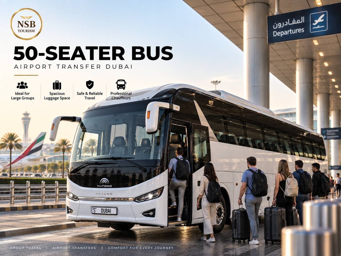 50-seater luxury bus airport transfer in Dubai with group travelers and luggage boarding at Dubai International Airport.