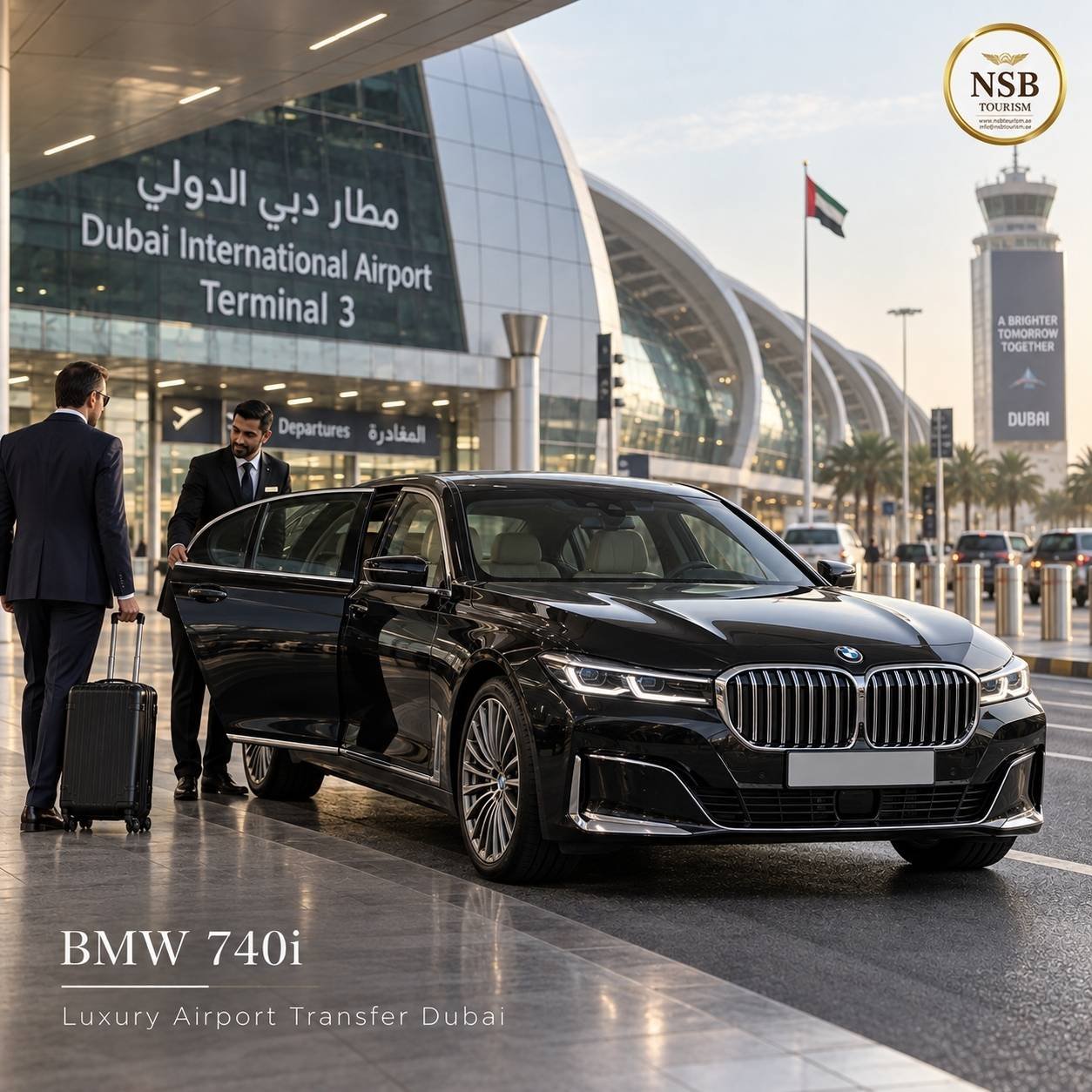 BMW 740i luxury airport transfer in Dubai with chauffeur opening the car door outside Dubai Airport Terminal 3.