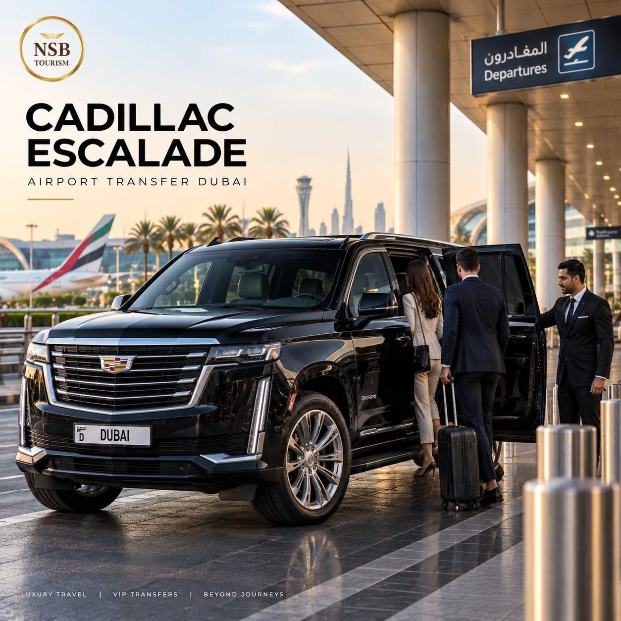 Cadillac Escalade airport transfer in Dubai with chauffeur assisting luxury travelers at the airport curbside.
