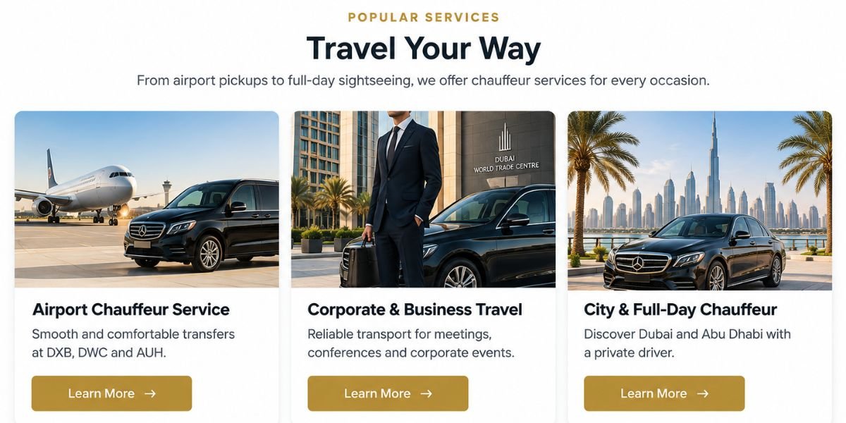 NSB Tourism chauffeur services for airport transfers, corporate travel and full-day private transport in Dubai and Abu Dhabi