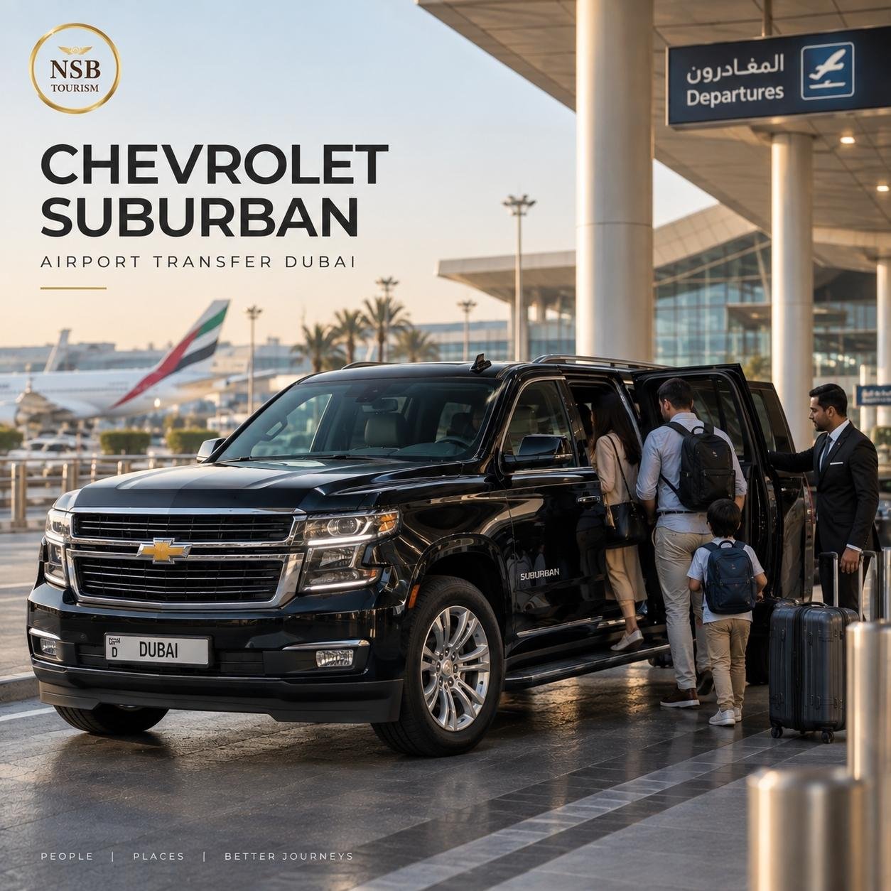 Chevrolet Suburban airport transfer in Dubai with chauffeur and family boarding at the airport departures area.