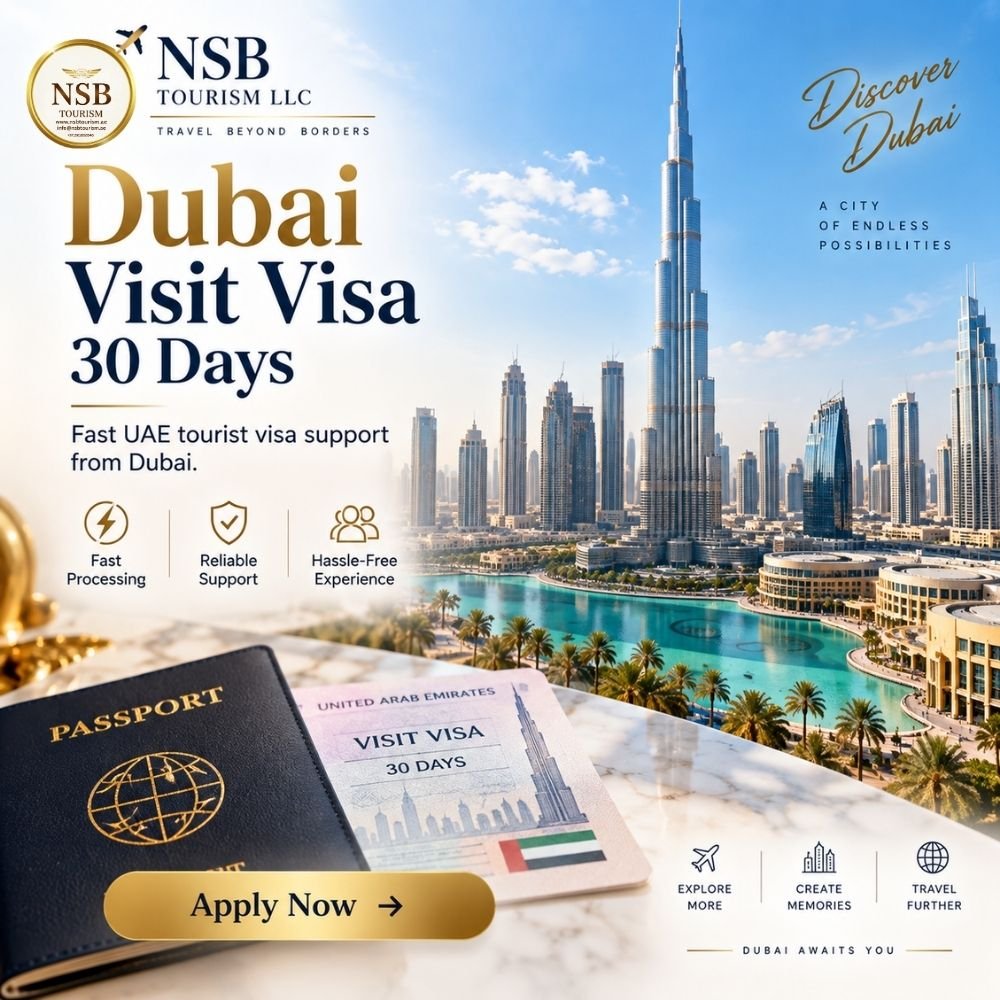 Dubai Visit Visa 30 Days service with Burj Khalifa, UAE visa document and passport by NSB Tourism LLC.