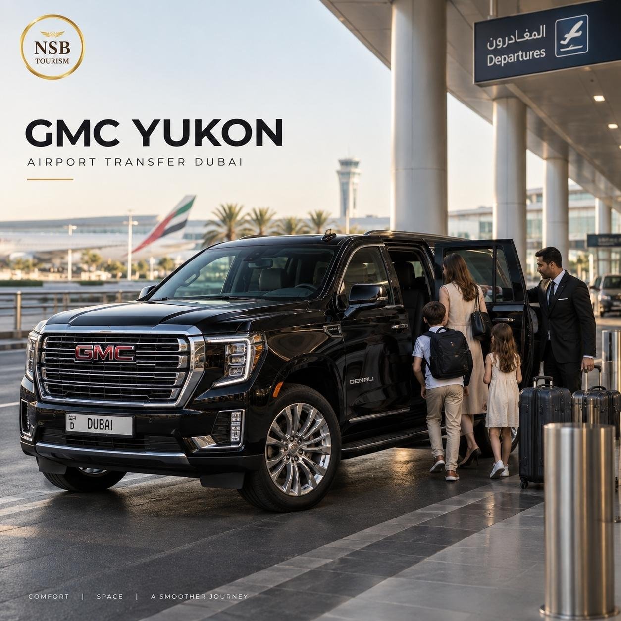 GMC Yukon airport transfer in Dubai with chauffeur assisting a family at the airport departures curbside.