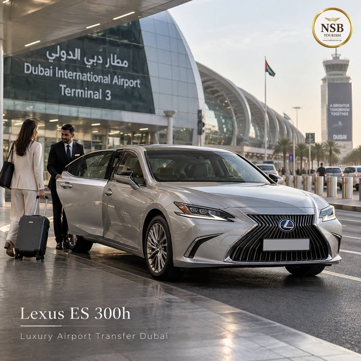 Lexus ES 300h airport transfer at Dubai International Airport Terminal 3 with chauffeur assisting a traveler with luggage.