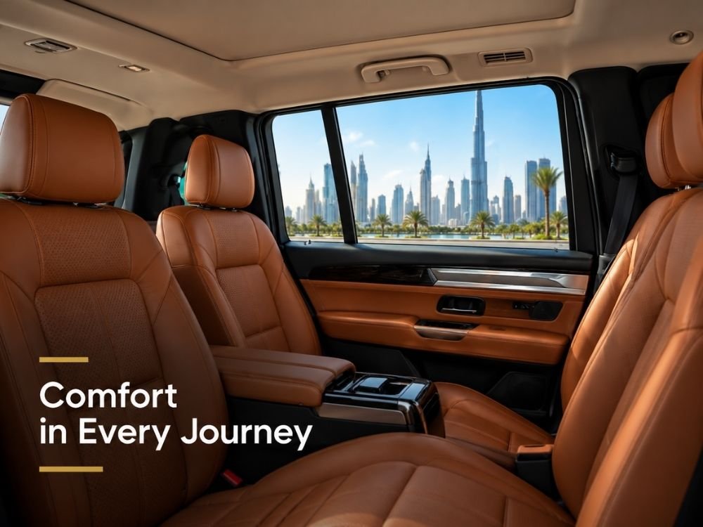 Luxury chauffeur car interior in Dubai with premium leather seats and Dubai skyline view