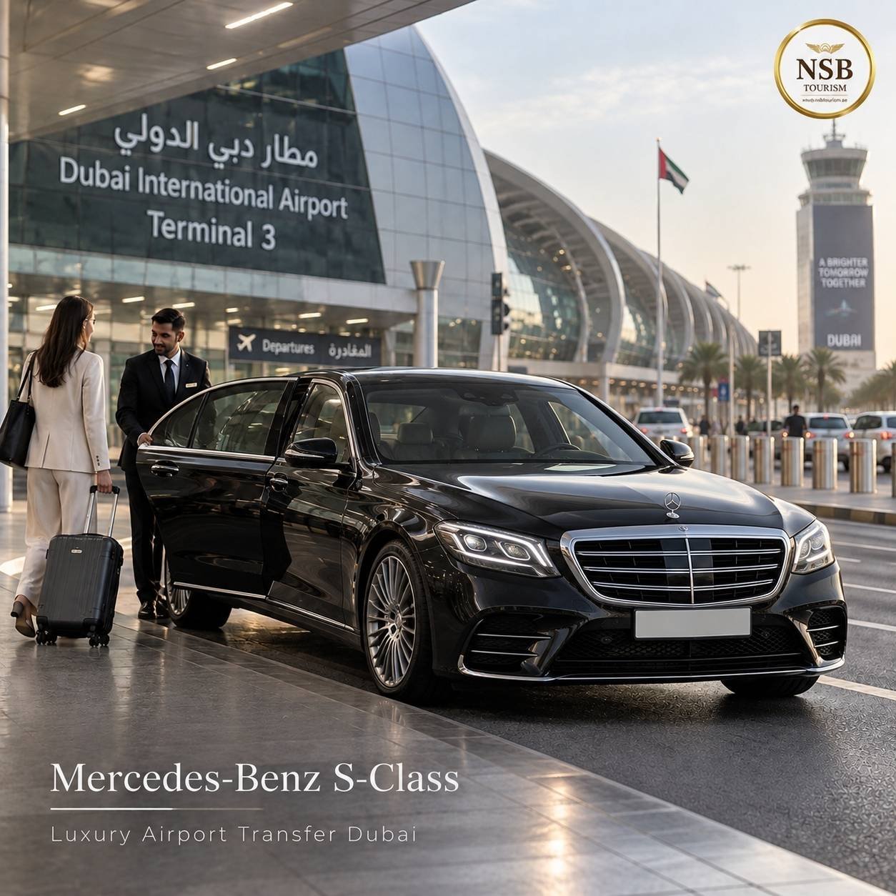 Mercedes-Benz S-Class airport transfer in Dubai with chauffeur and traveler outside Dubai International Airport Terminal 3.