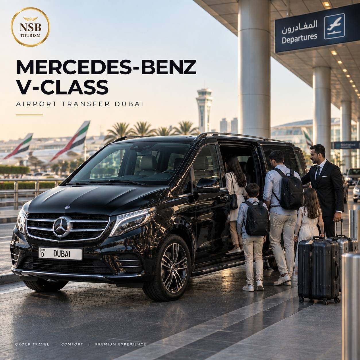 Mercedes-Benz V-Class airport transfer in Dubai with chauffeur helping a family board at Dubai International Airport.