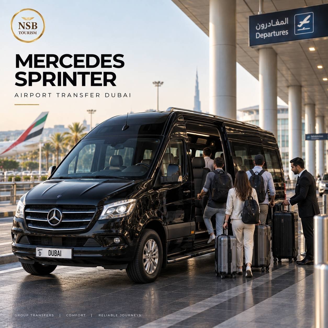Mercedes Sprinter airport transfer in Dubai with chauffeur assisting group travelers and luggage at Dubai International Airport.