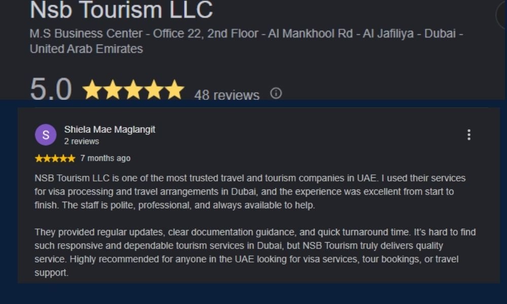 Client testimonial for NSB Tourism UAE visa assistance service in Dubai.