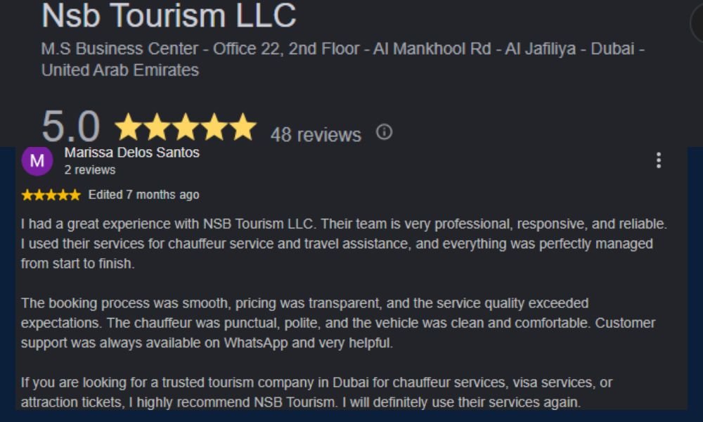 Customer review for NSB Tourism Dubai visa service and travel assistance.