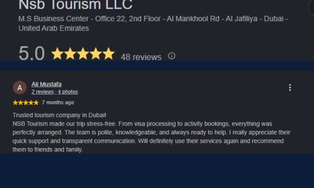 Traveler review for NSB Tourism international visa service from Dubai.