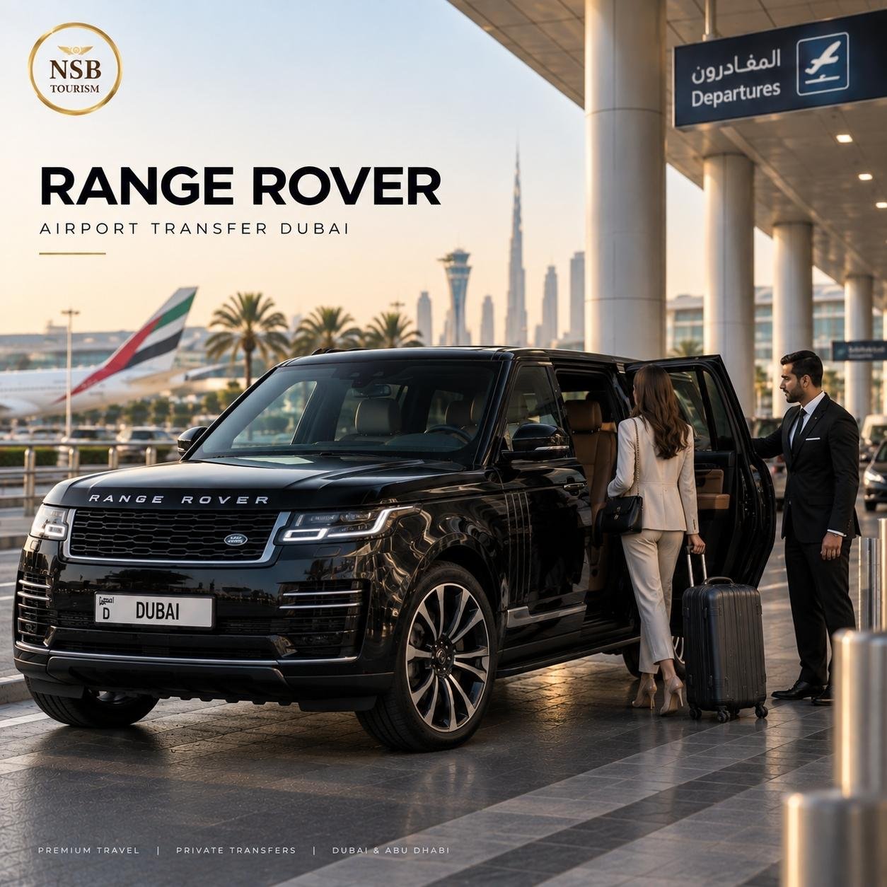 Range Rover airport transfer in Dubai with chauffeur opening the door for a traveler at the airport departures terminal.