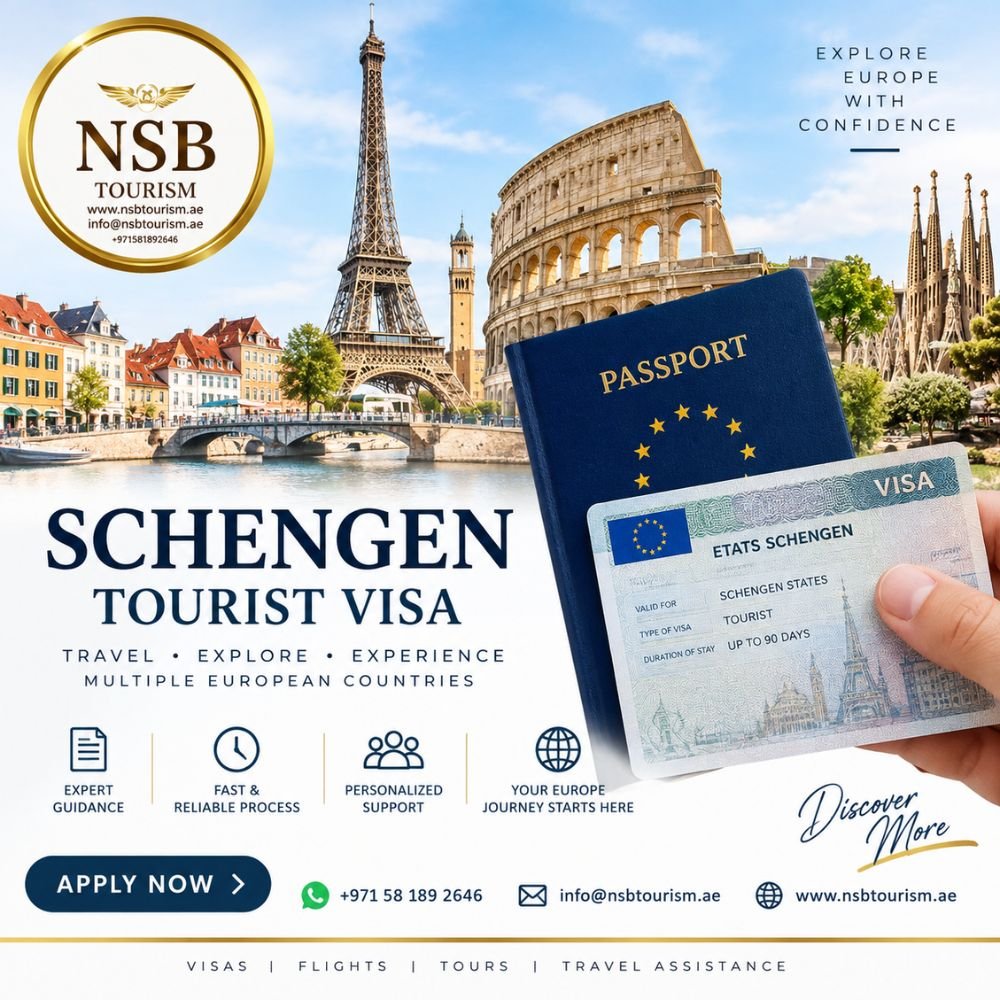 Schengen Tourist Visa service from UAE with European landmarks, passport and visa documents by NSB Tourism LLC.