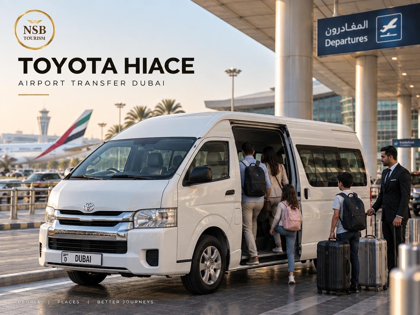 Toyota Hiace airport transfer in Dubai with chauffeur and group travelers boarding at Dubai International Airport.