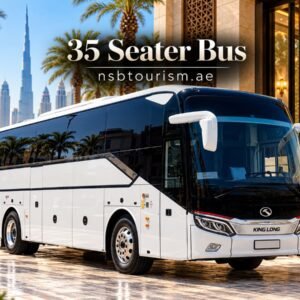 White 35 seater coach bus for chauffeur service and group transport in Dubai and Abu Dhabi with NSB Tourism LLC.